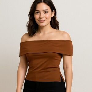 Trendy Queen Off Shoulder‎ Top Brown Short Sleeve Side Slits Small Y2K Going Out